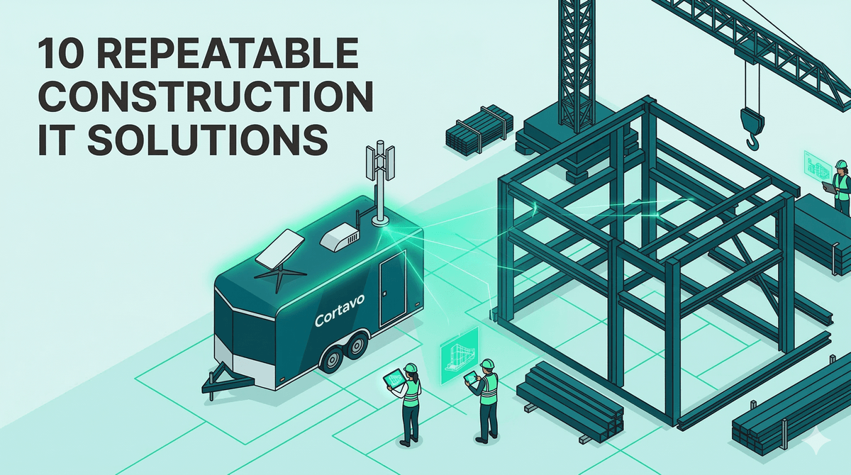 wide-angle 2D isometric modern construction site, branded jobsite trailer with antennas, structural steel frame, workers with tablets, digital connectivity grid, and headline text 