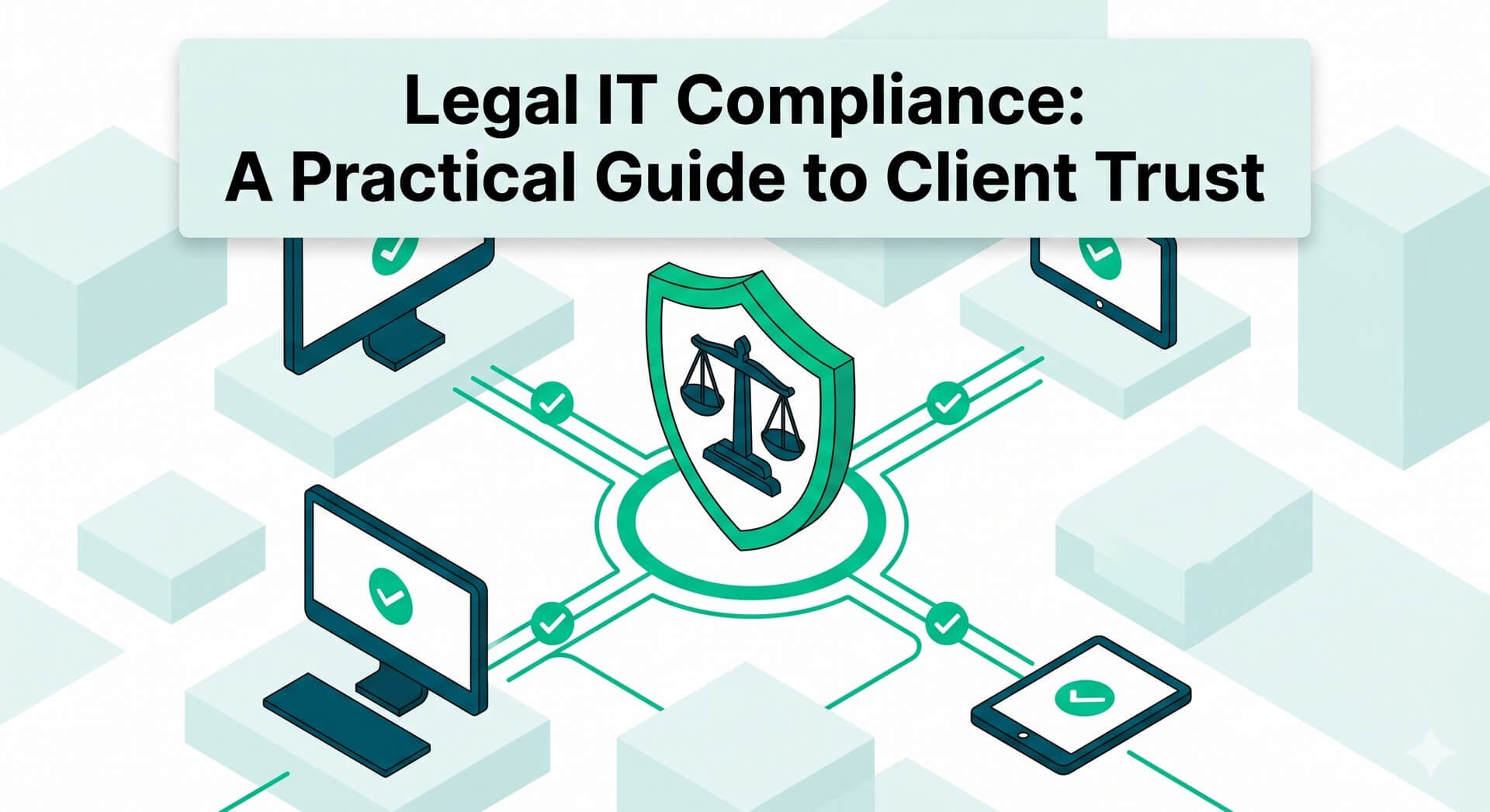 Alt Text: A 2D isometric vector graphic showing a stylized legal scales motif enclosed by a secure bright green digital shield, with dark teal data pipelines connecting to multiple office endpoints.