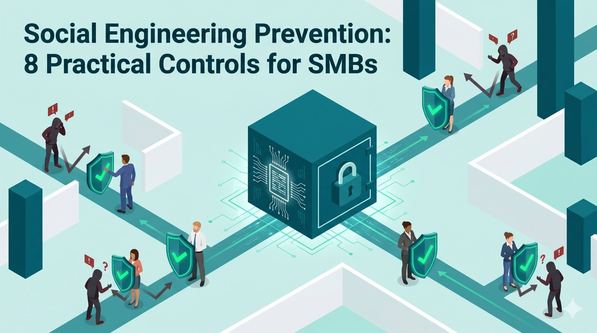 Alt: Isometric office landscape showing employees acting as a human shield for a central data vault.