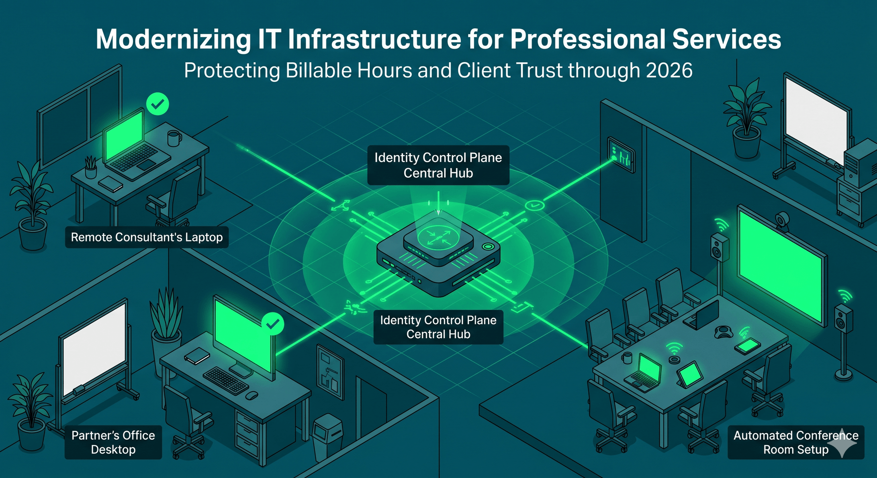 Isometric illustration of a hybrid professional office connected by a central green identity hub.